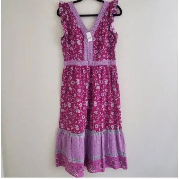 LOFT Women's Border Ruffle Floral V-Neck Sleeveless Midi Dress Size 10 - Picture 8 of 9